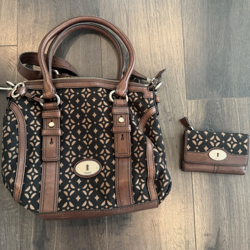 Fossil Maddox Textile Leather Satchel Handbag Purse w/ Matching Wallet